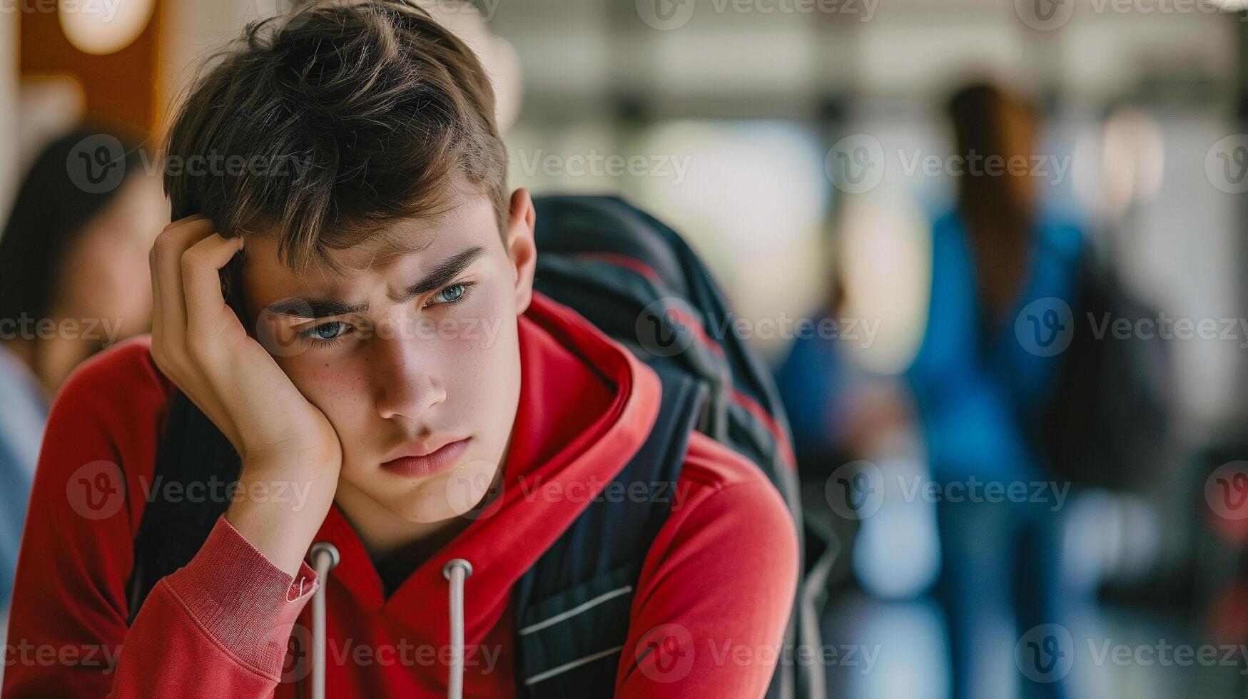 ai généré portrait de fatigué adolescent garçon séance dans couloir de école ou Université photo