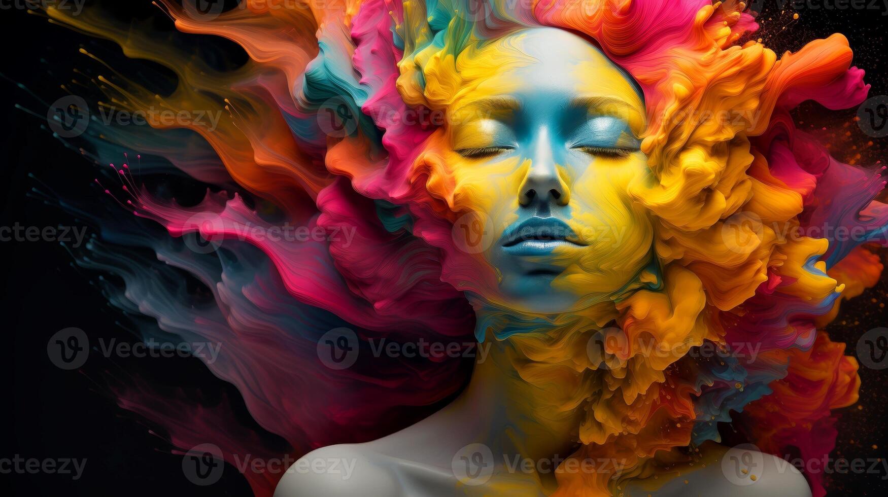 ai généré femme visage orné avec écoulement peindre art, multicolore explosion, génératif ai photo