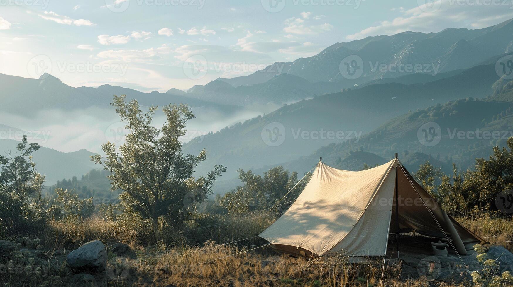 ai généré camp dans montagnes. tente, montagne, randonnée, randonnée, tourisme, voyage, nature, paysage, fond d'écran, arrière-plan, Extérieur, aventure, loisirs, vacances, randonnée, forêt photo