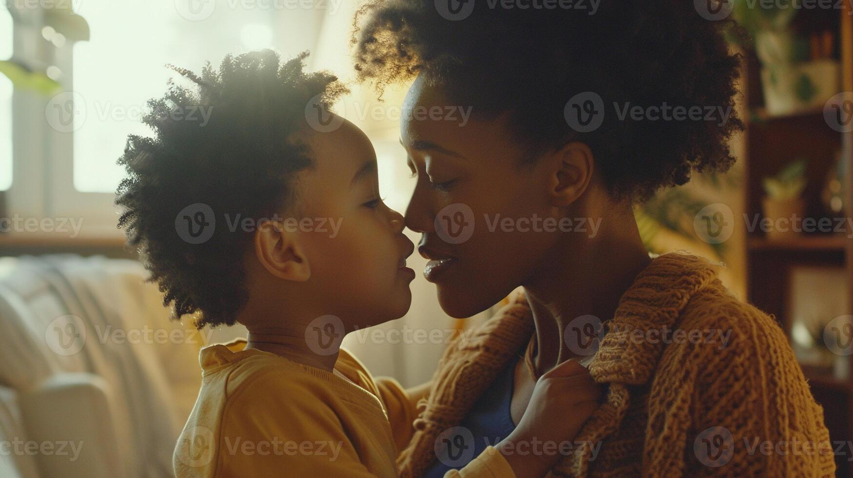 ai généré affectueux mère émouvant nez avec sa fils. affection, aimer, maman, enfant, enfant, mère journée photo