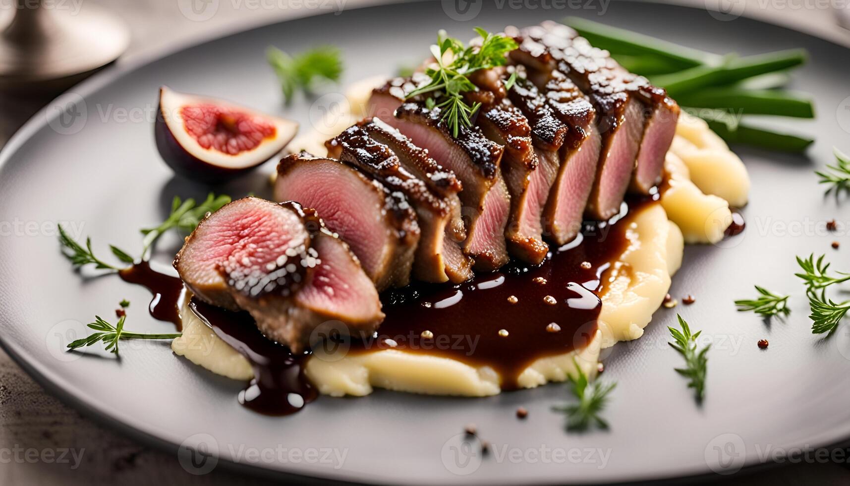 ai généré vitré canard filet en purée patates chevronné avec truffe pétrole figure et anis sauce photo