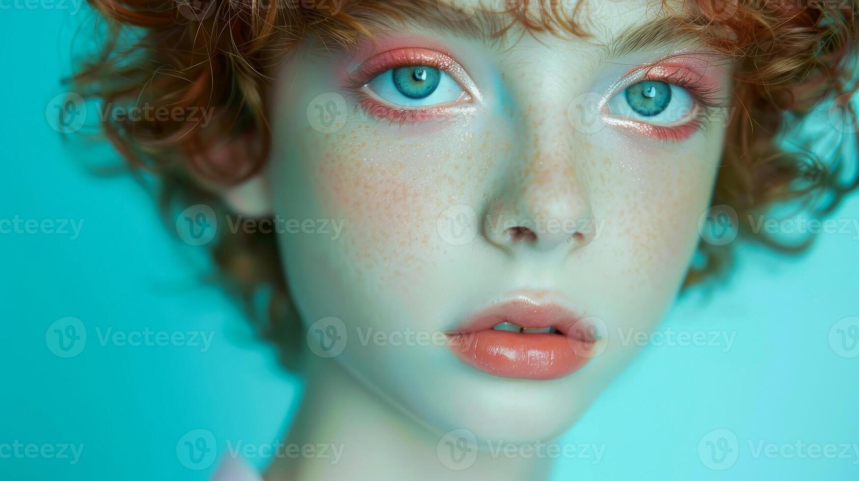 ai généré fermer, jolie visage de une magnifique enfant garçon avec multi couleurs vif maquillage sur minimal arrière-plan, génératif ai photo