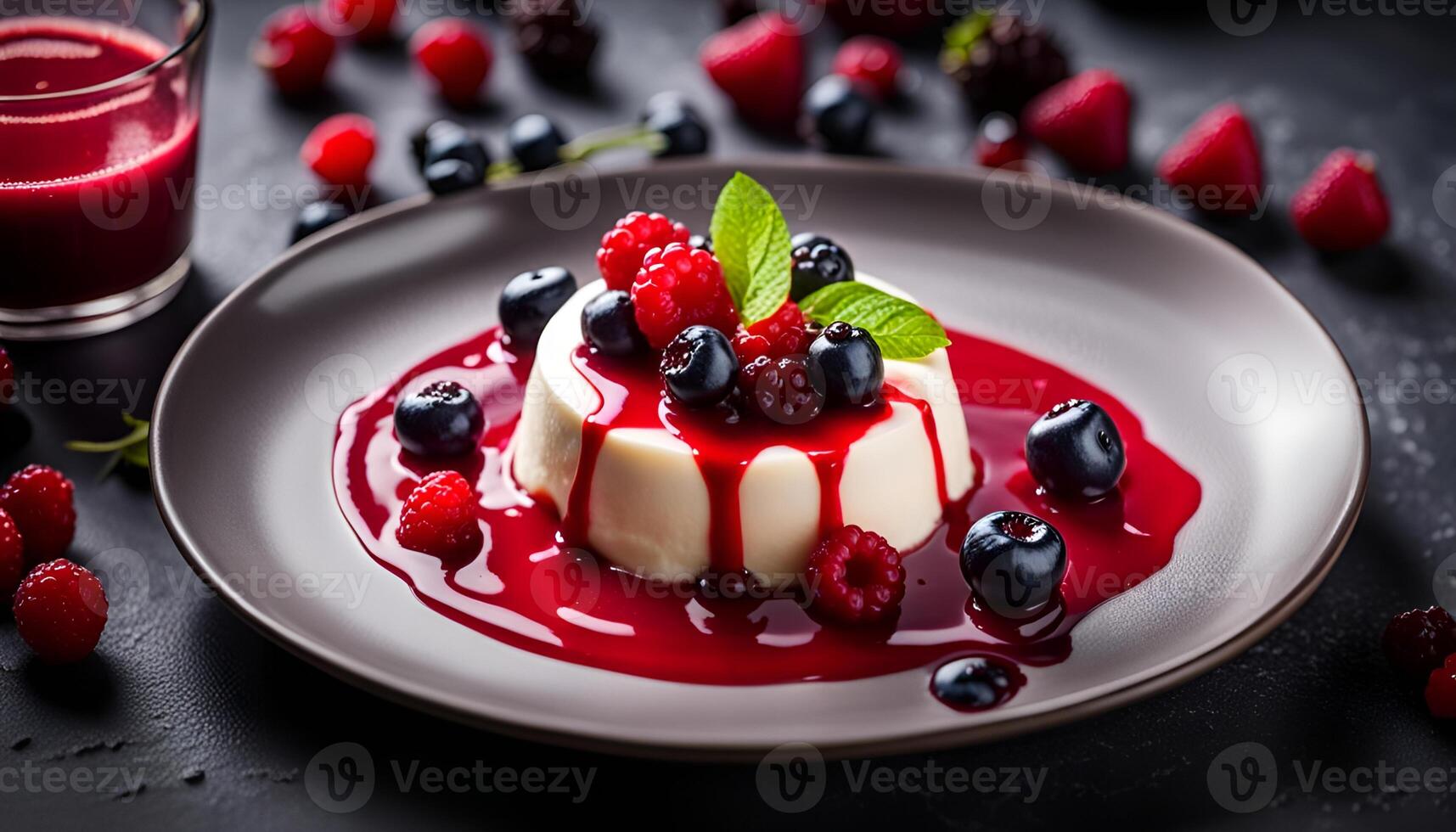 ai généré panna cotta avec rouge baie sauce sur une foncé Contexte. photo