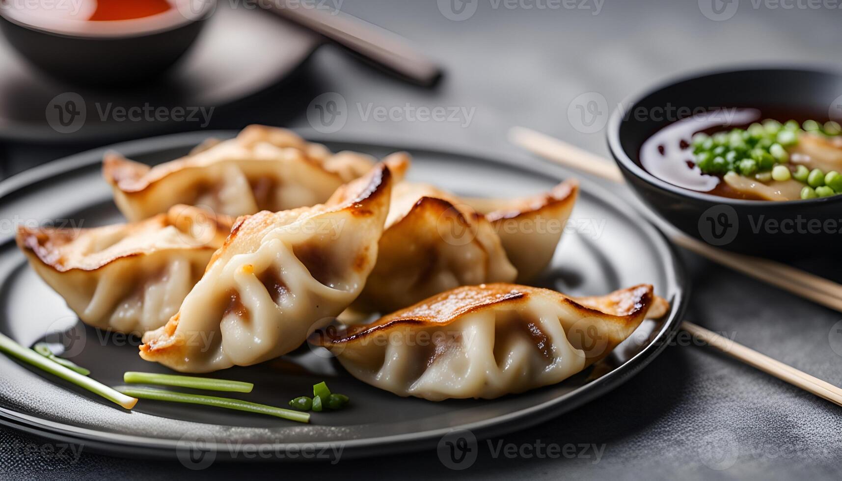 ai généré taiwanais et Japonais poêlé gyoza boulette jiaozi nourriture dans une assiette avec soja sauce sur gris table Contexte. photo