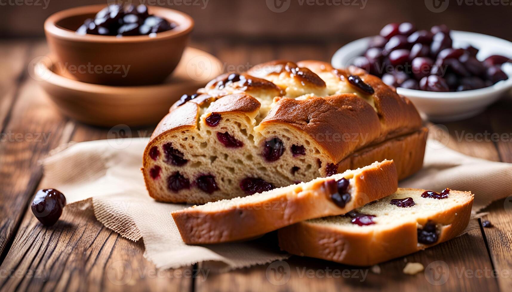 ai généré raisin pain sur une en bois table photo