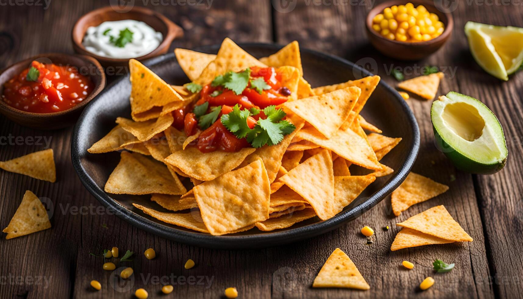 ai généré Nachos blé frites dans une assiette sur une en bois tableau. mexicain nourriture concept. Haut voir. photo