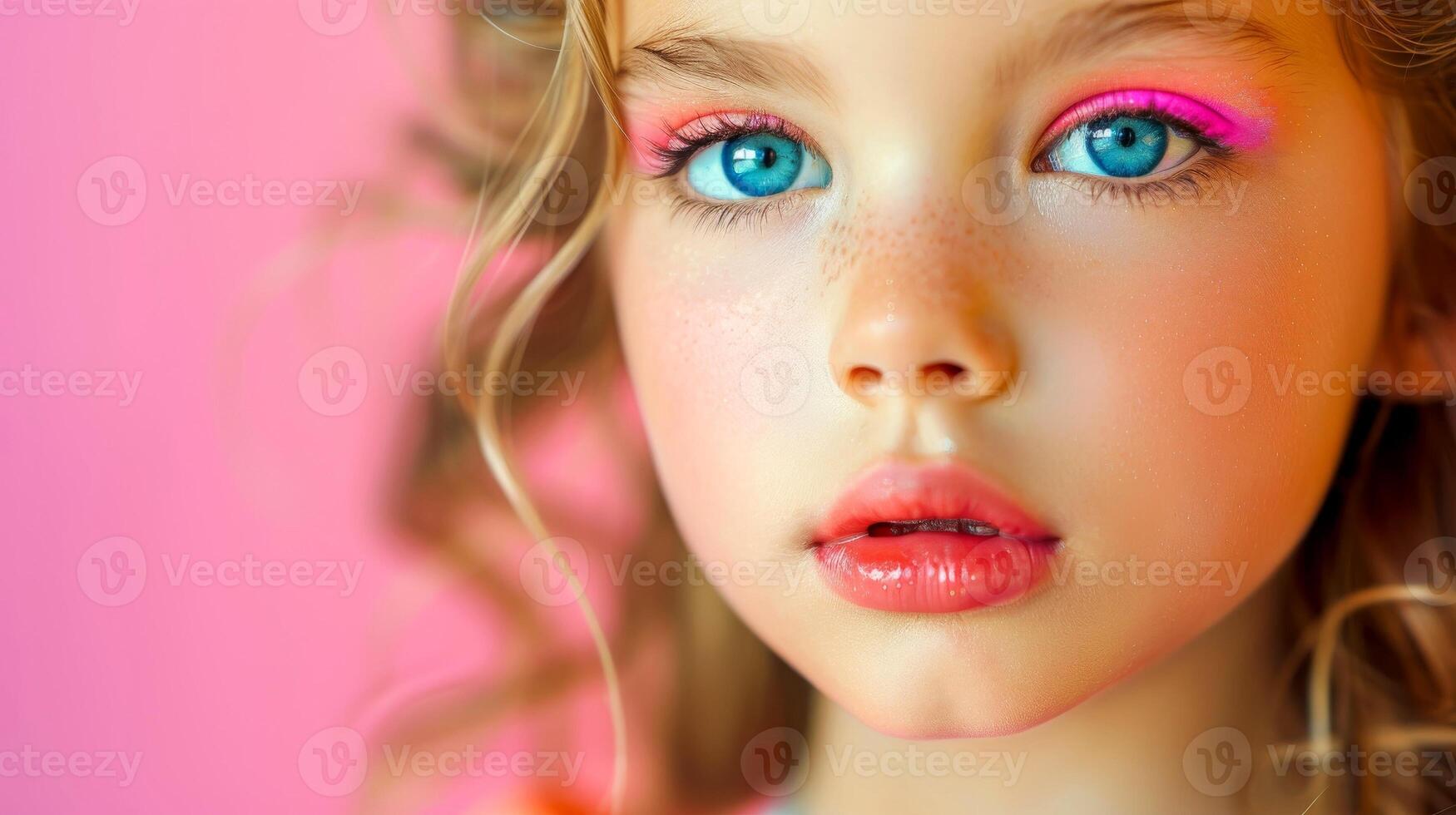 ai généré fermer, jolie visage de une magnifique enfant fille avec multi couleurs vif maquillage sur minimal arrière-plan, génératif ai photo