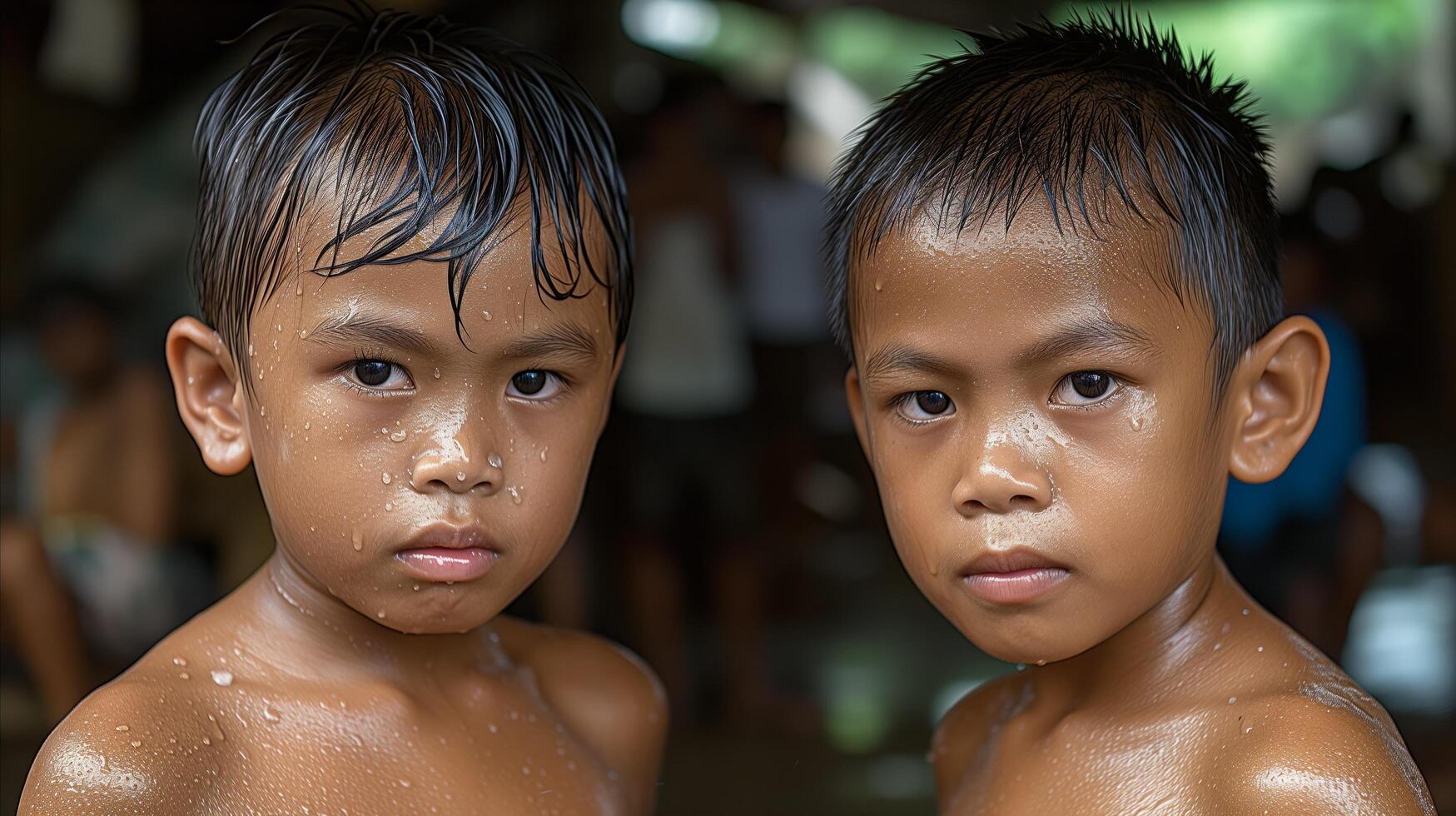 ai généré portrait de deux Jeune garçons avec sérieux expressions après récréation photo