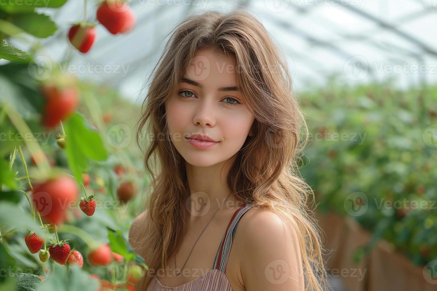 ai généré Jeune femme avec longue cheveux dans une serre avec des fraises photo