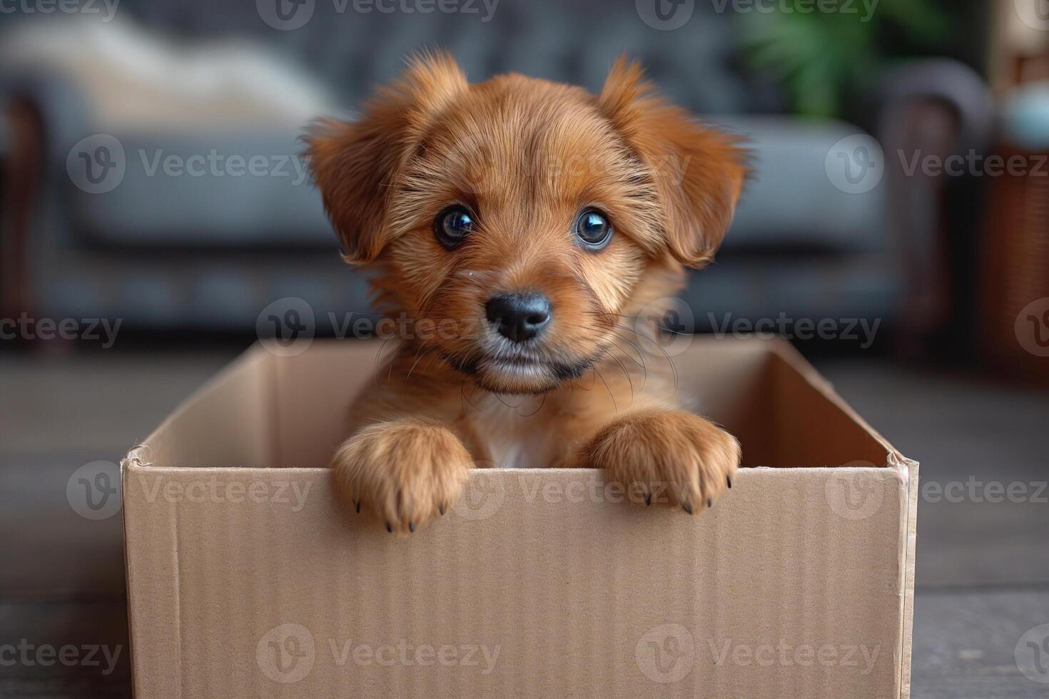 ai généré un ouvert boîte avec une mignonne chiot furtivement dehors. classique vivant pièce intérieur dans le Contexte photo