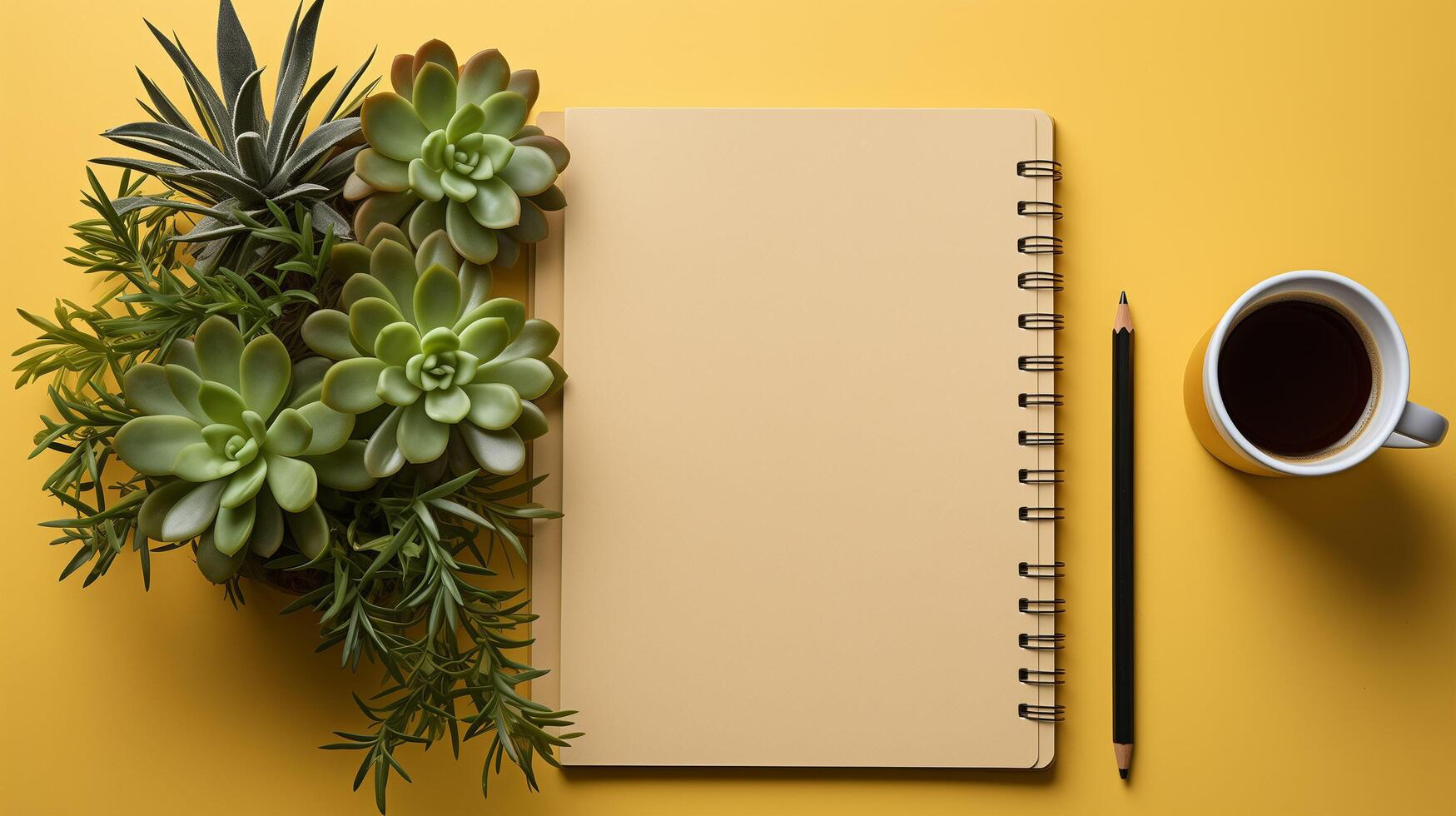 ai généré affaires concept. Haut vue de vide carnet de notes, ordinateur portable, tasse de café, succulent plante ans lunettes plus de lumière bureau. photo