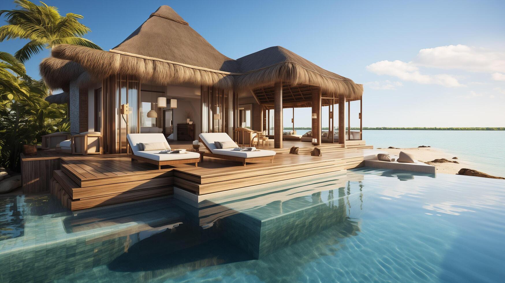 ai généré fantastique plus de l'eau villa, terrasse vue avec Soleil des lits chaises en dessous de parapluie, luxe bassin Hôtel avec étourdissant océan vue photo