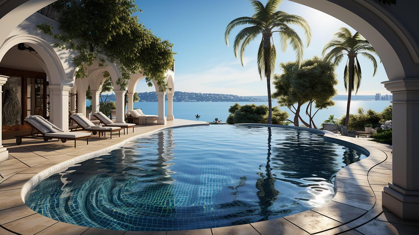 ai généré nager bassin dans luxe villa avec mer voir. photo