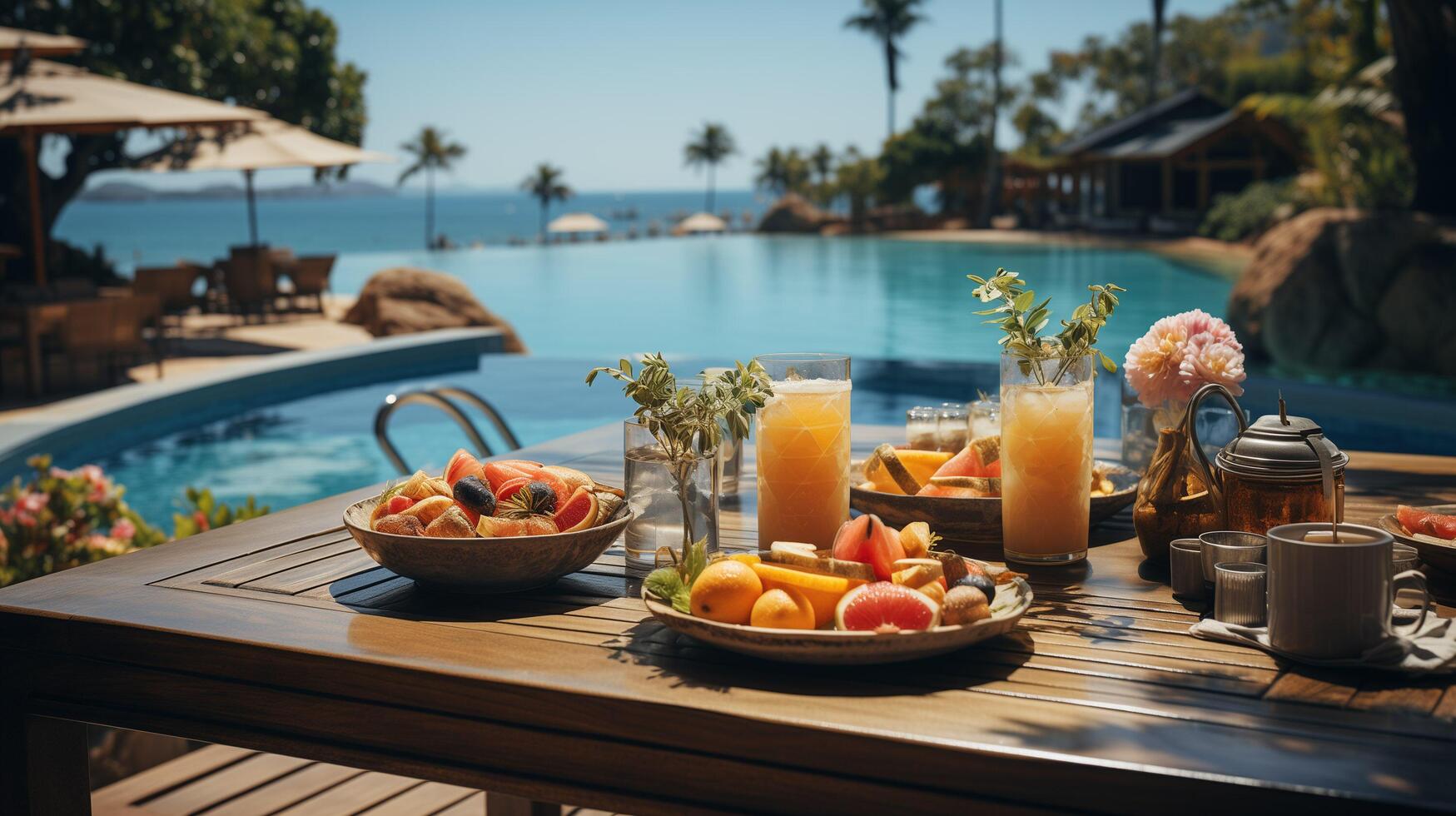 ai généré petit déjeuner dans nager piscine, flottant petit déjeuner dans luxueux tropical station balnéaire. table relaxant sur calme bassin eau, en bonne santé petit déjeuner et fruit assiette par recours bassin. photo