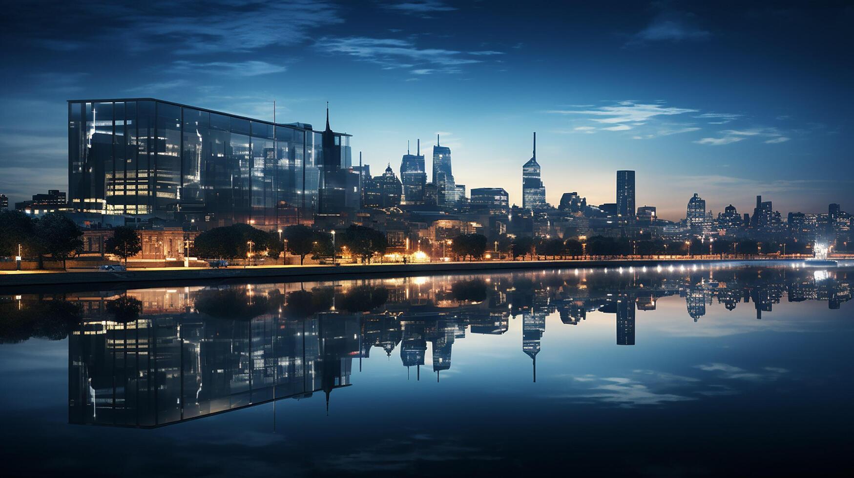 ai généré paysage urbain de moderne bâtiment près le rivière. moderne architecture Bureau bâtiment. gratte-ciel avec soir ciel. photo