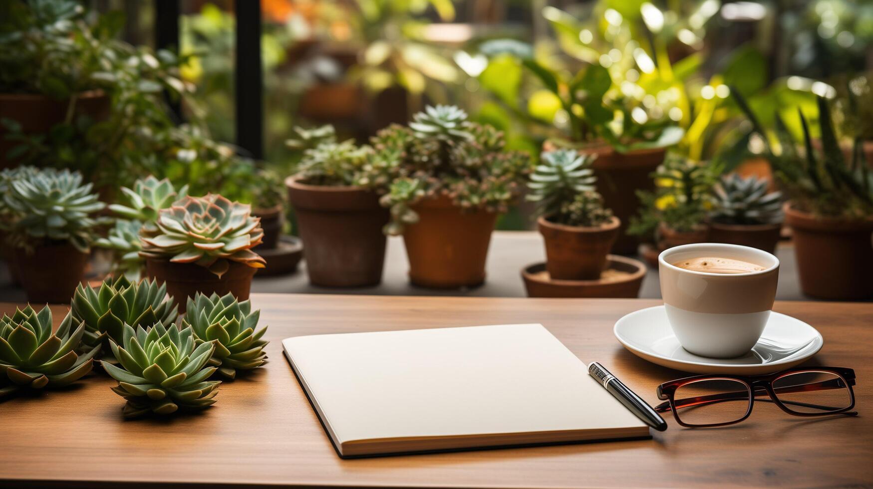 ai généré affaires concept. Haut vue de vide carnet de notes, ordinateur portable, tasse de café, succulent plante ans lunettes plus de lumière bureau. photo