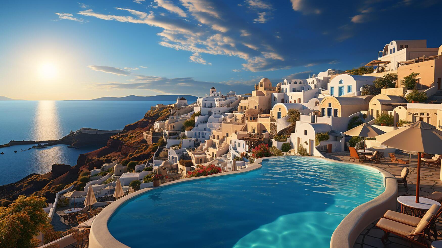 ai généré Santorin île, Grèce. paysage avec magnifique panorama et mer voir. fantastique été vacances et vacances concept photo