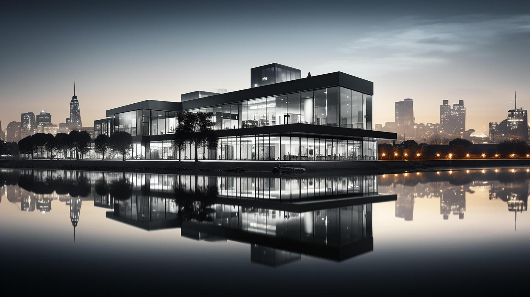 ai généré paysage urbain de moderne bâtiment près le rivière. moderne architecture Bureau bâtiment. gratte-ciel avec soir ciel. photo