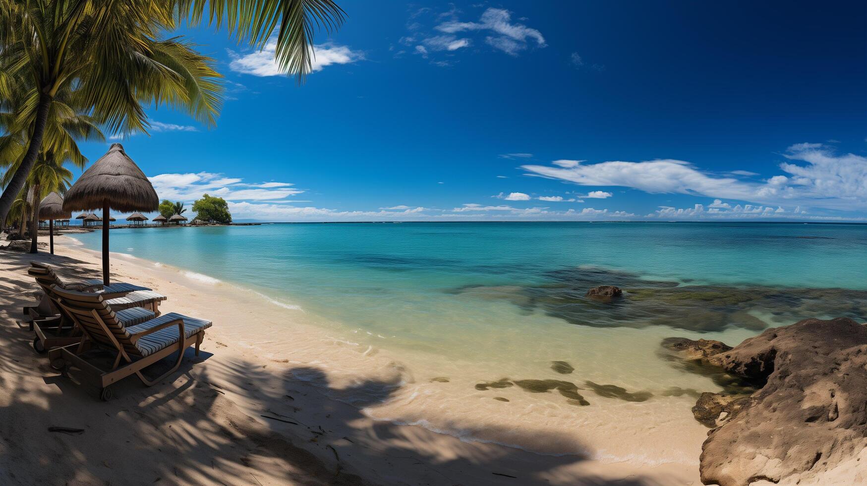 ai généré magnifique panoramique la nature. tropical plage comme été île paysage avec chaises parapluie paume feuilles calme mer rive, côte. photo