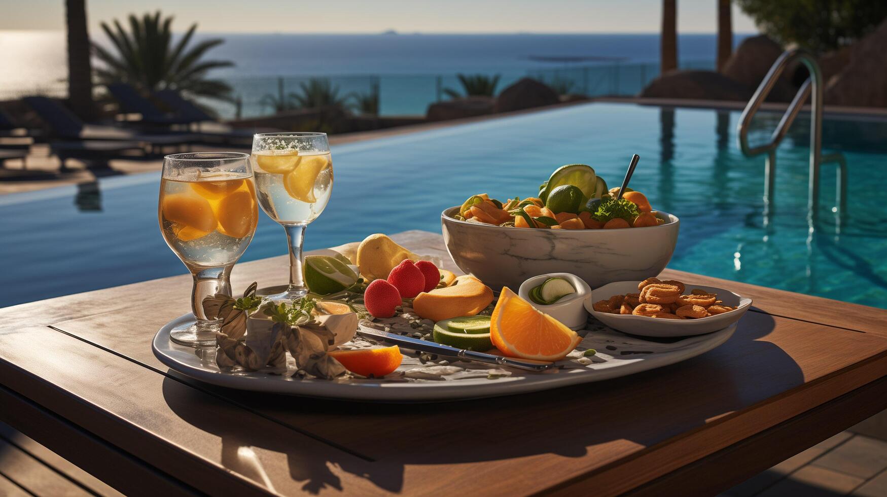 ai généré petit déjeuner dans nager piscine, flottant petit déjeuner dans luxueux tropical station balnéaire. table relaxant sur calme bassin eau, en bonne santé petit déjeuner et fruit assiette par recours bassin. photo