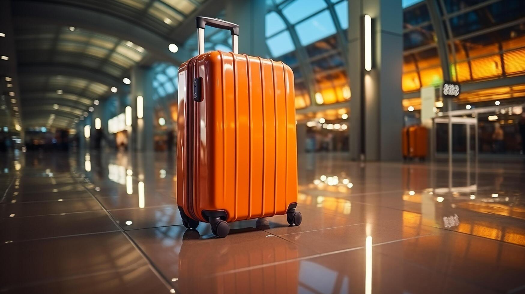 ai généré Orange valise dans aéroport Terminal Voyage et vacances concept photo