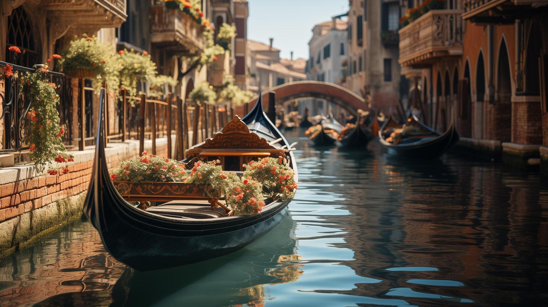 ai généré traditionnel gondoles dans vénitien l'eau canal dans venise. magnifique touristique lieu. Voyage. gondolier porte touristes sur gondole grandiose canal de Venise, Italie photo