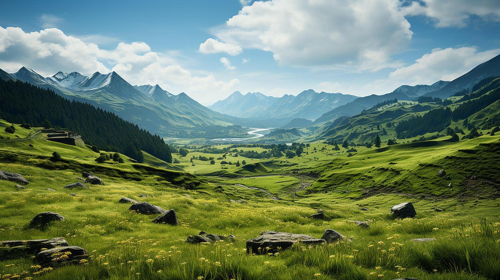 ai généré scénique vue de Montagne et herbe couvert collines photo