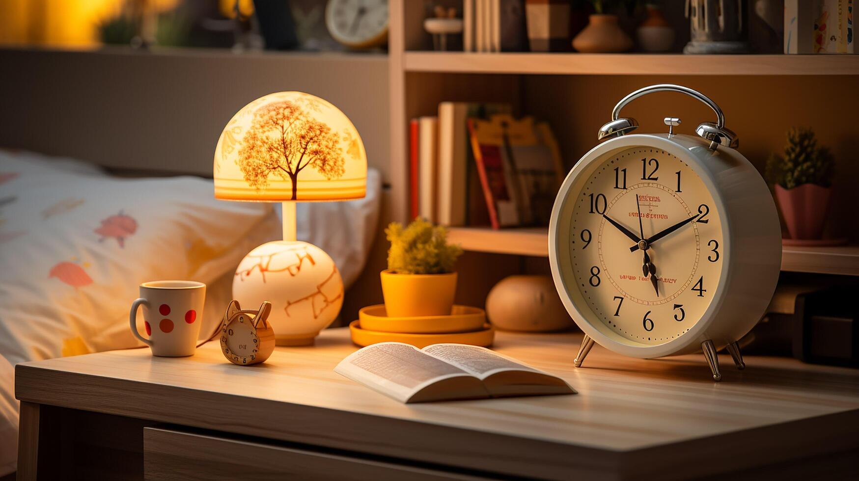 ai généré proche en haut photo enfants bureau avec en train de lire livre, crayon, alarme l'horloge avec copie espace