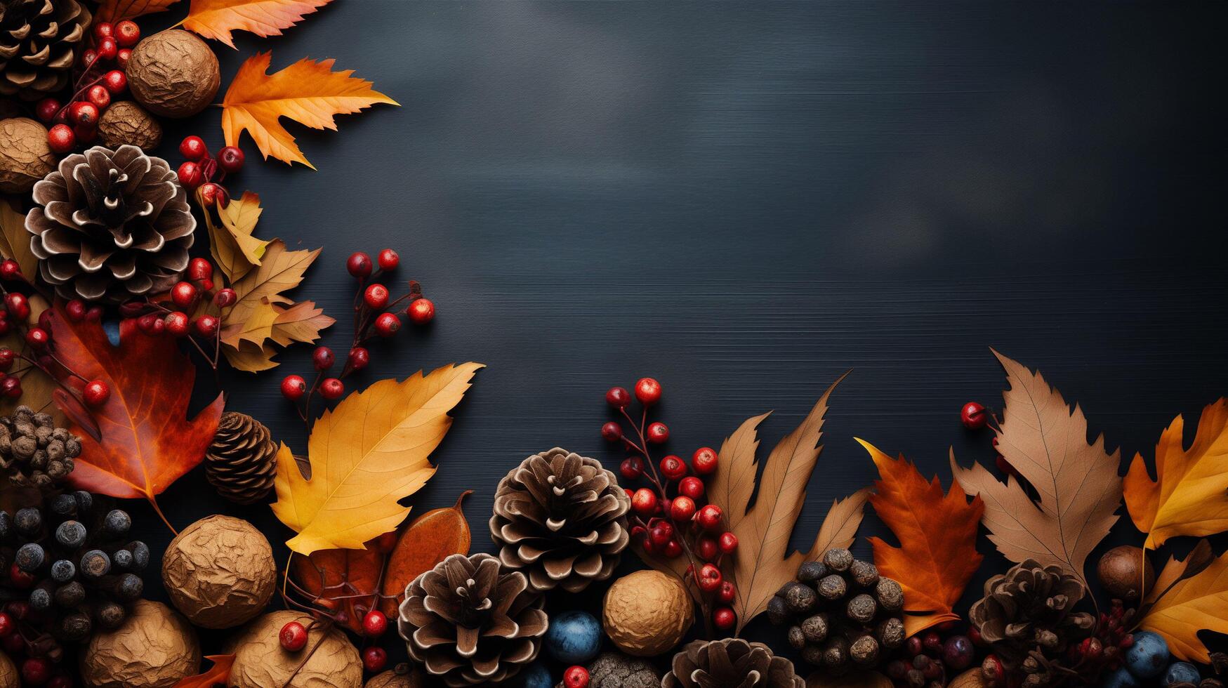 ai généré l'automne feuilles avec pin cônes et baies et une feuille de parchemin papier sur une foncé gris Contexte de au-dessus de. avec espace pour texte. photo