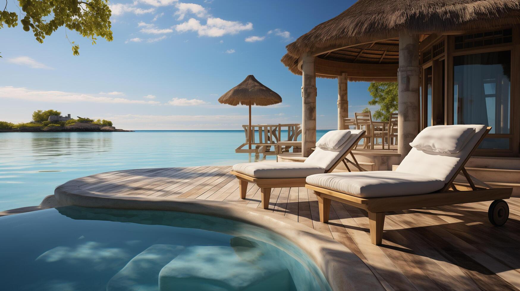 ai généré fantastique plus de l'eau villa, terrasse vue avec Soleil des lits chaises en dessous de parapluie, luxe bassin Hôtel avec étourdissant océan vue photo