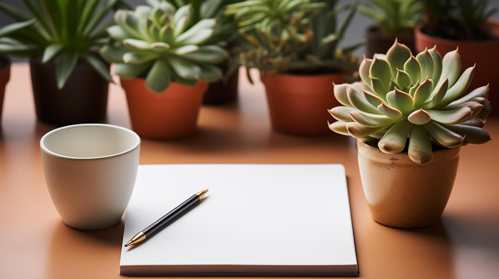 ai généré affaires concept. Haut vue de vide carnet de notes, ordinateur portable, tasse de café, succulent plante ans lunettes plus de lumière bureau. photo