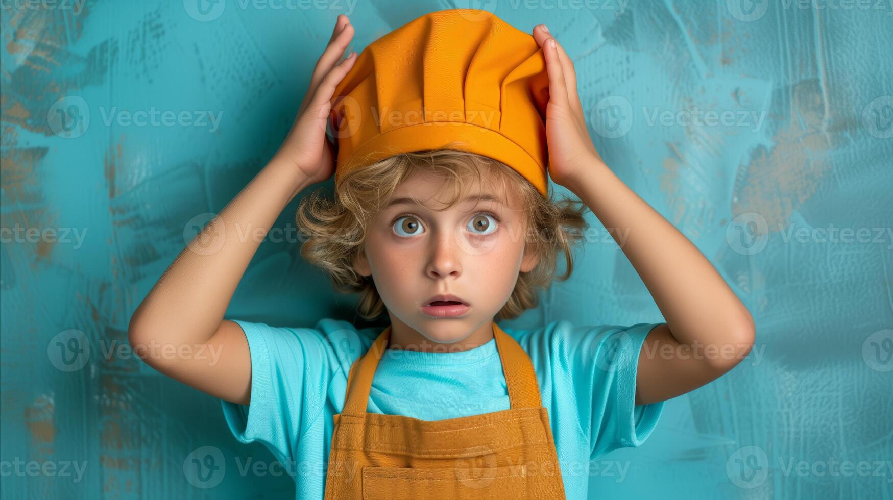 ai généré surpris Jeune enfant dans chef chapeau et tablier avec une comique expression photo