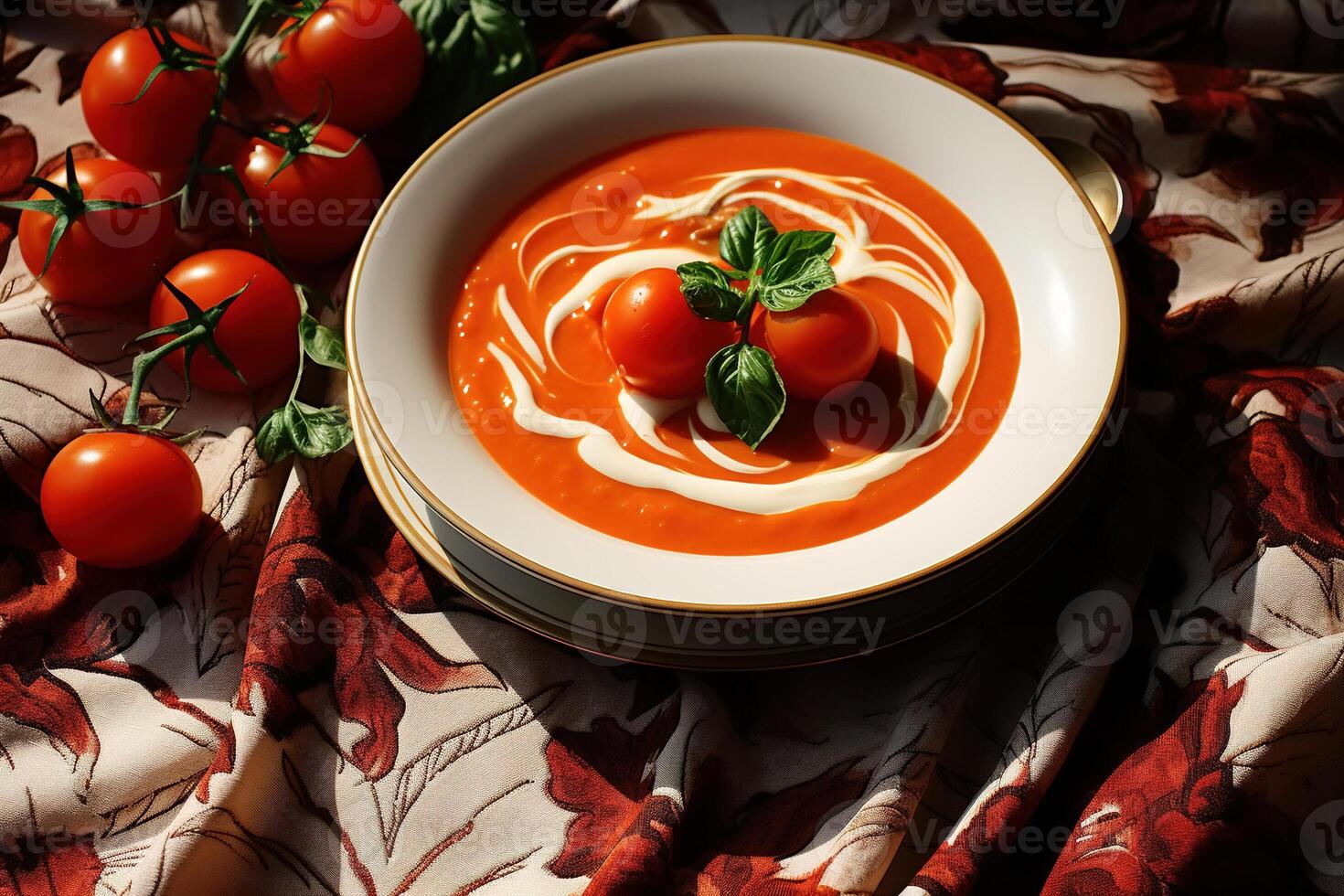 ai généré tomate épais soupe avec crème dans une assiette sur une rouge nappe de table, fermer végétarien nourriture photo