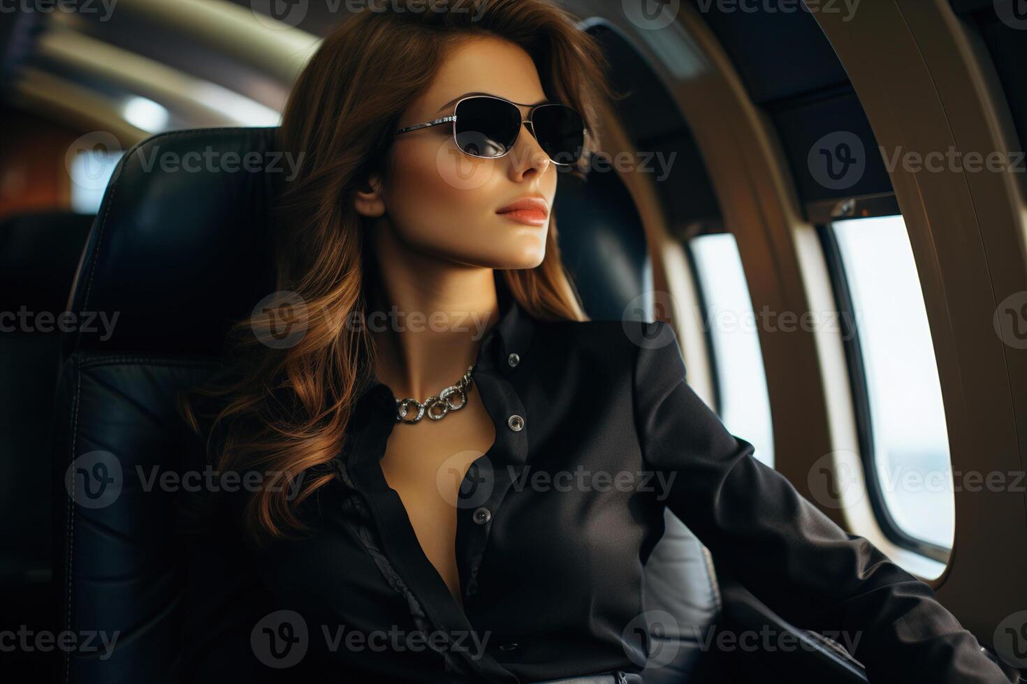 ai généré élégant riches femme en volant dans avion dans affaires classe à la recherche en dehors fenêtre, sexy Jeune femme d'affaires dans des lunettes séance dans VIP pièce photo