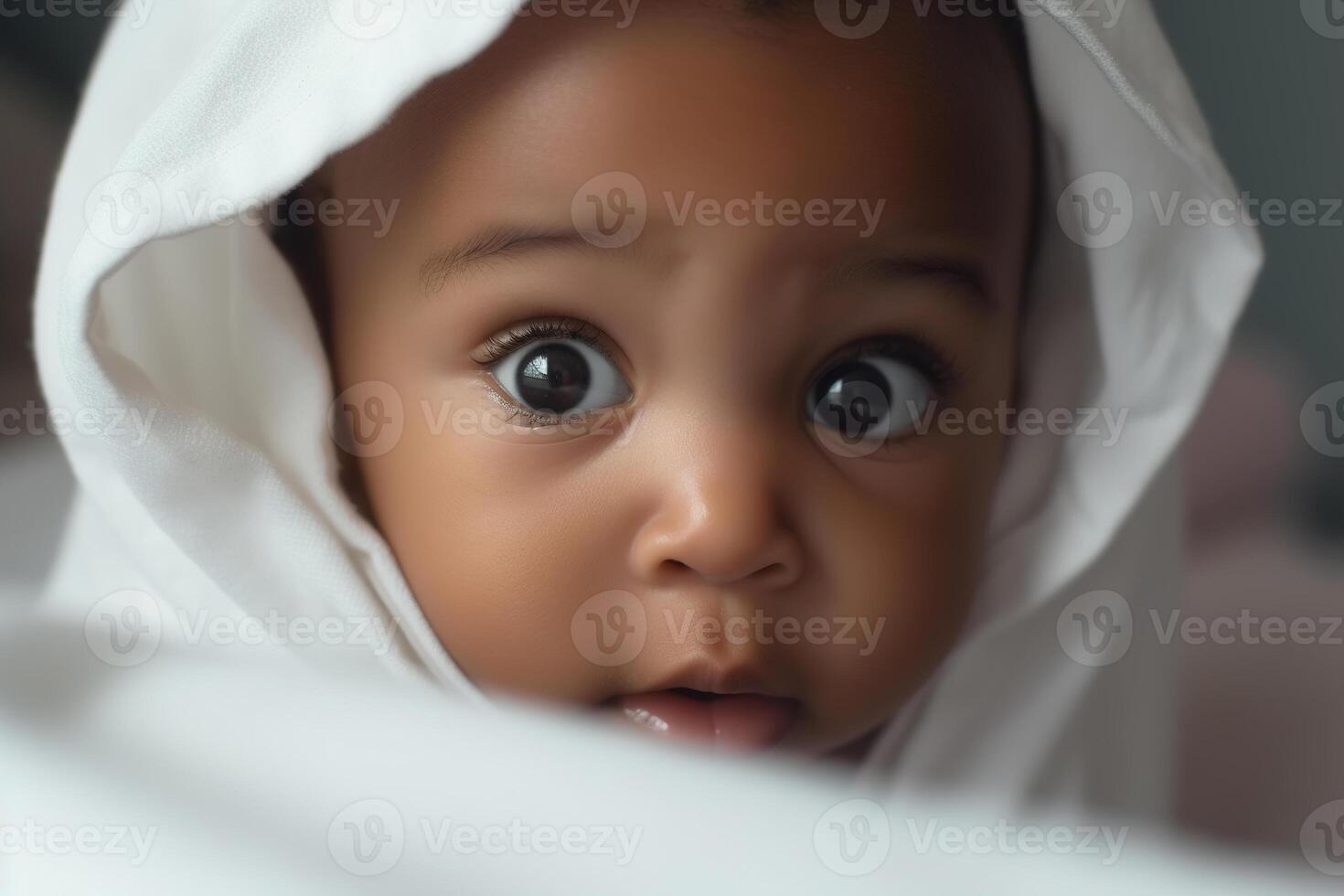ai généré peu africain américain bébé dans serviette, marrant mignonne nouveau née furtivement en dehors de en dessous de feuilles, noir yeux à la recherche à caméra photo