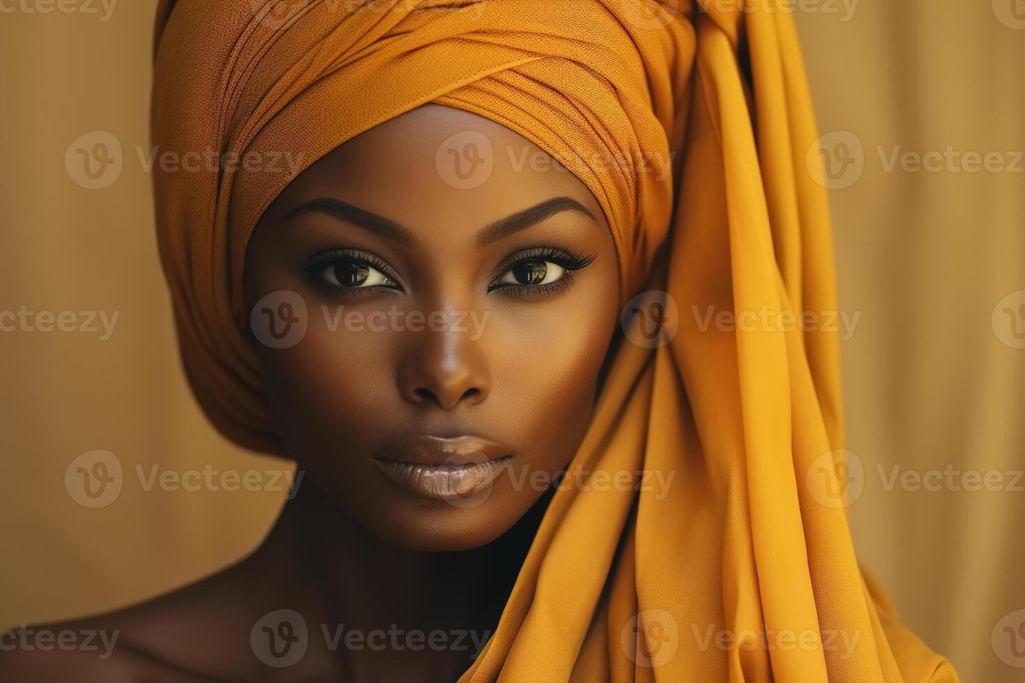 ai généré magazine mode beauté portrait sensuel magnifique africain américain femme modèle portant Jaune traditionnel foulard sur tête à la recherche à caméra photo