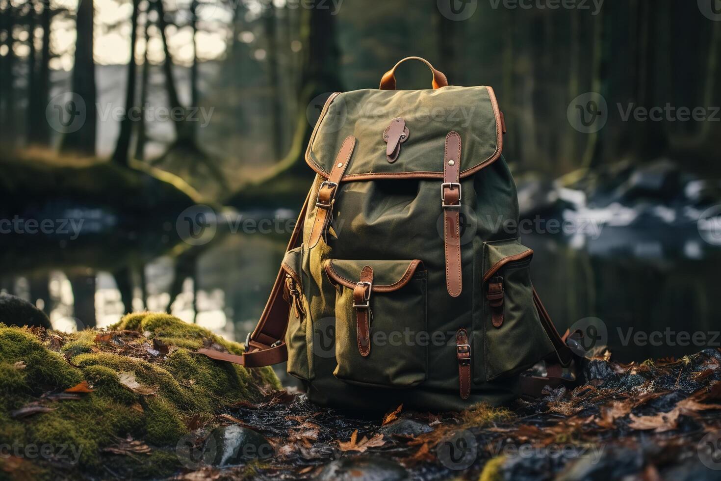 ai généré vert randonnée sac à dos dans le forêt sur mousse, Voyage sac dans la nature photo