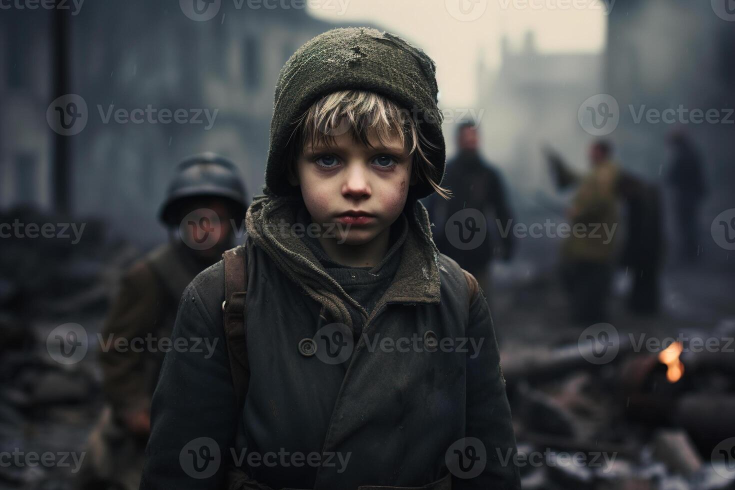 ai généré enfant dans sale humide vêtements dans ruiné ville, petit pauvres garçon pendant guerre, à la recherche à caméra photo
