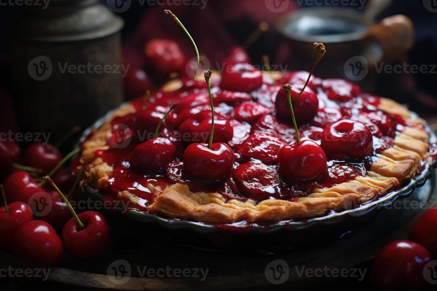 ai généré fermer sucré Frais Cerise tarte cuisson dessert, bouquet de baies photo