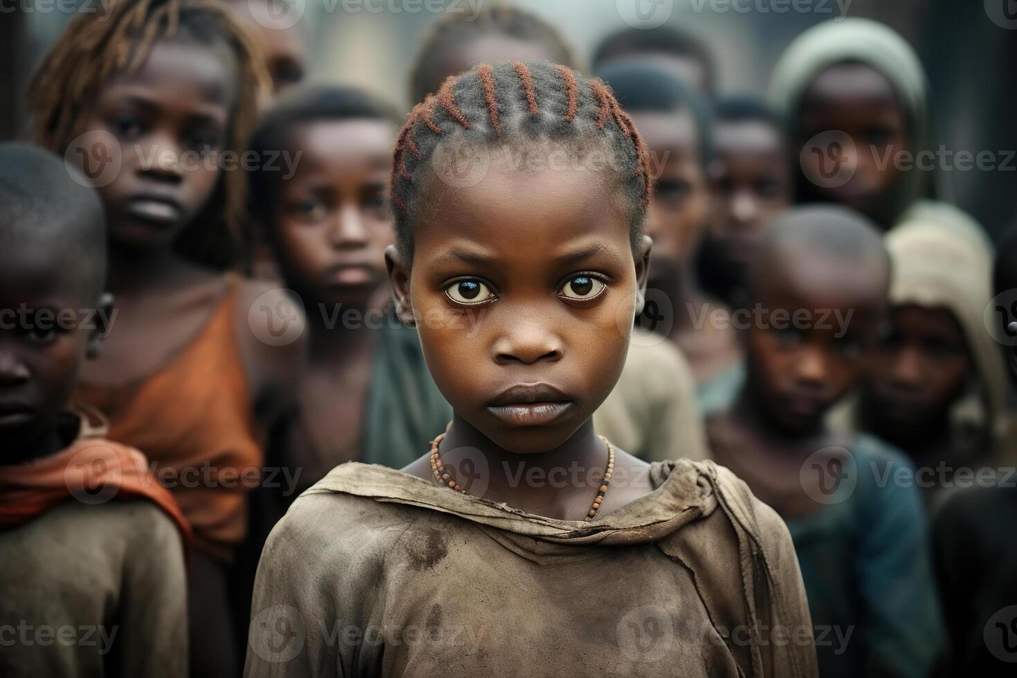 ai généré global social problème de faim et la pauvreté concept. portrait groupe de africain faim et pauvres enfants, magnifique mendiant fille à la recherche à caméra en plein air photo