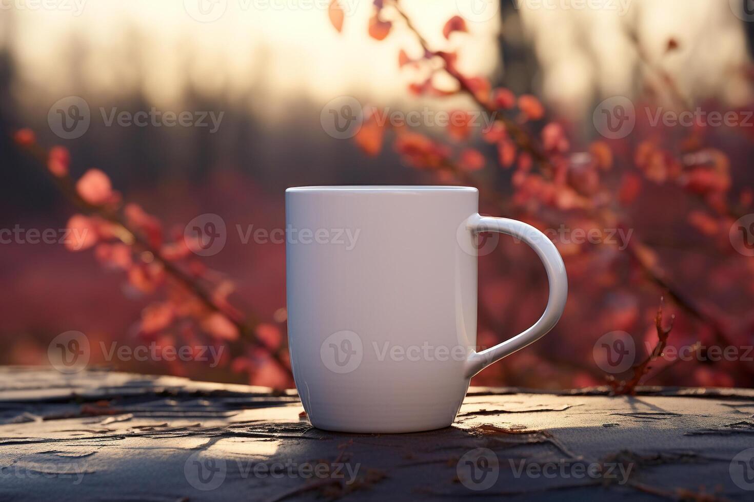 ai généré blanc tasse avec espace pour l'image de marque permanent sur une en bois table en plein air. fermer agresser disposition dans la nature contre le Contexte de une rouge plante photo