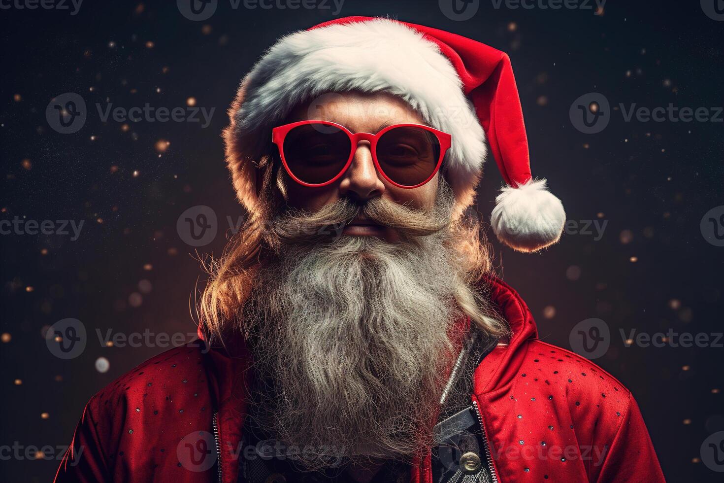 ai généré Père Noël claus branché, portrait de une barbu souriant homme dans rouge des lunettes et de fête casquette sur foncé Contexte avec lumières photo