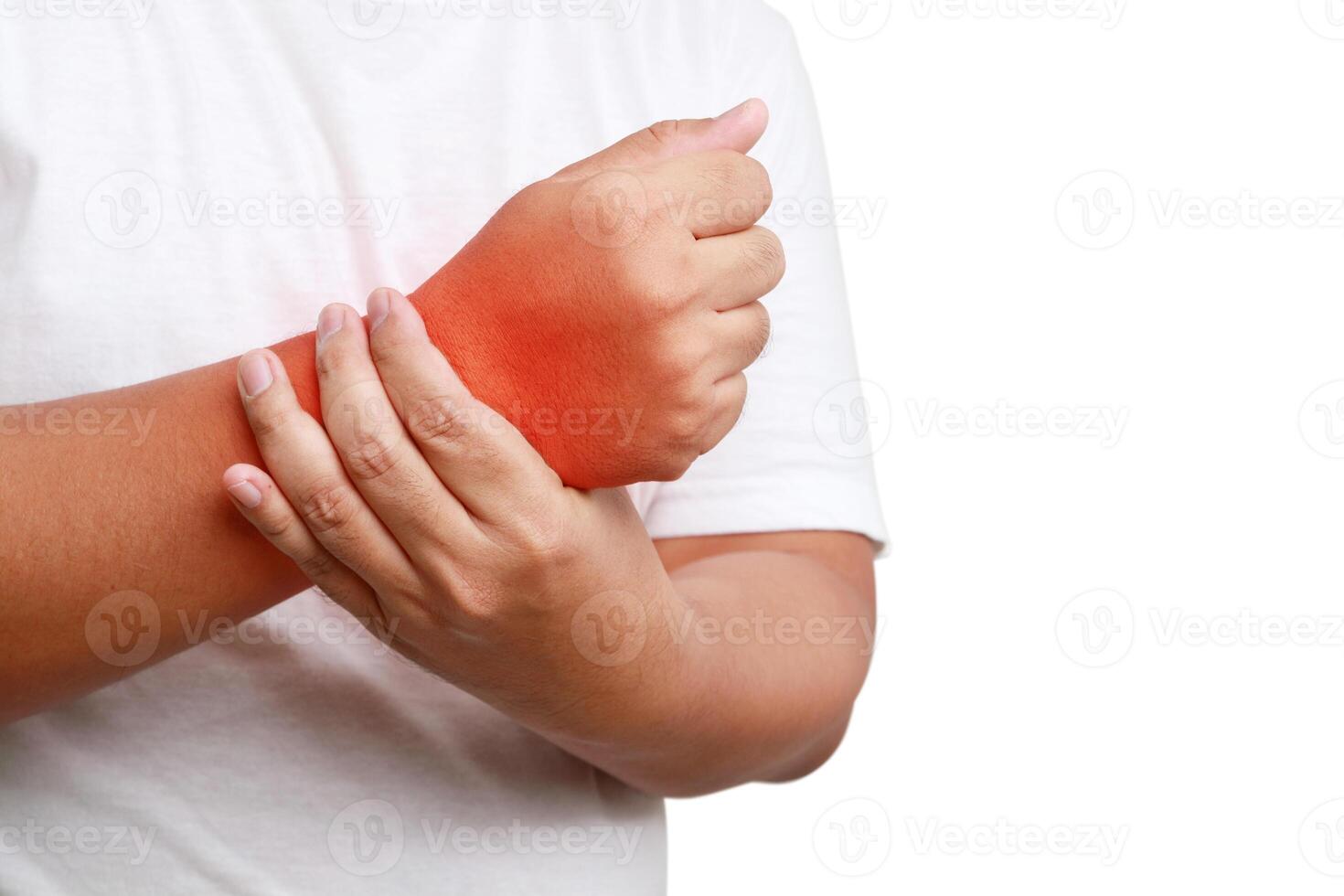 graisse homme portant blanc chemise il a poignet douleur, gonflement et raideur. obésité concept et musculo-squelettique maladie. arthrite est causé par mixte détérioration, blessure, inflammation, ou infection. photo