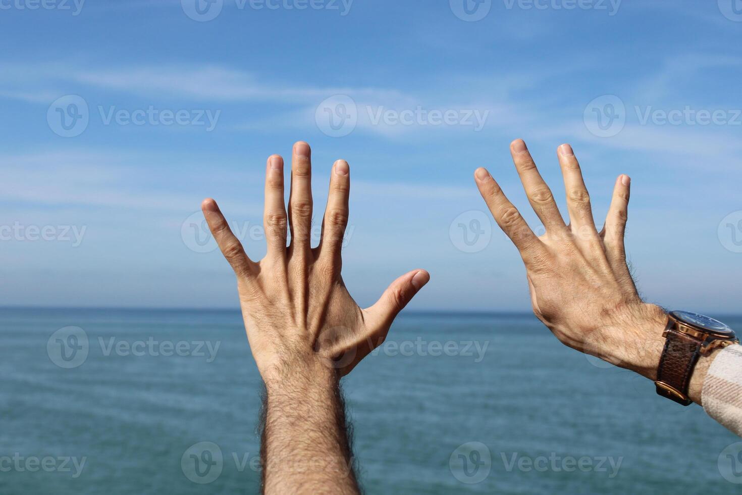 main faire, montrer nombre geste symbole neuf sur bleu été ciel la nature Contexte. faire des gestes nombre 9. nombre neuf dans signe langue. neuvième. photo