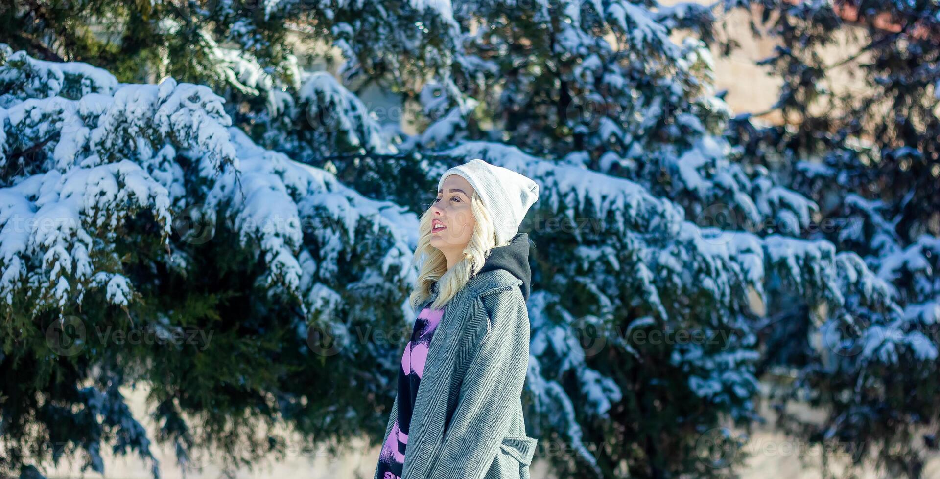 portrait de une femme dans une parc, portrait de une femme dans hiver parc, portrait de une blond femme, femme dans chapeau photo