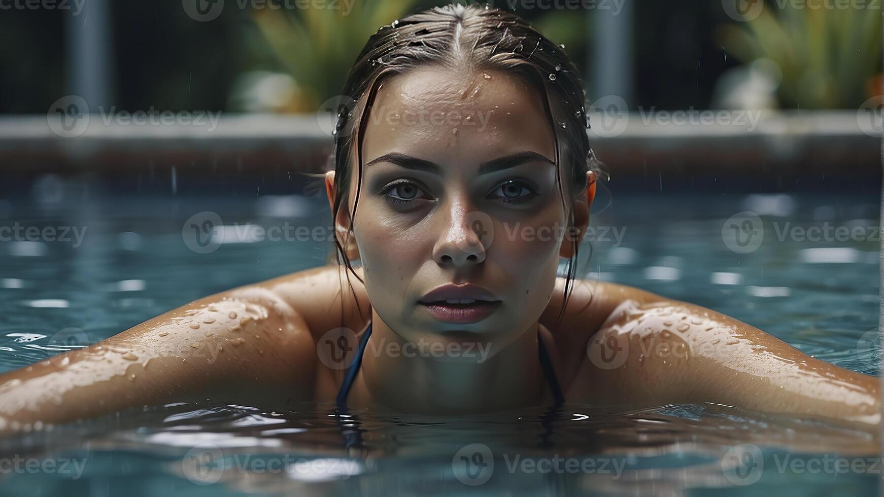 ai généré portrait de une jolie fille dans le piscine, humide portrait, humide gir dans le piscine, femme est nager dans le bassin photo