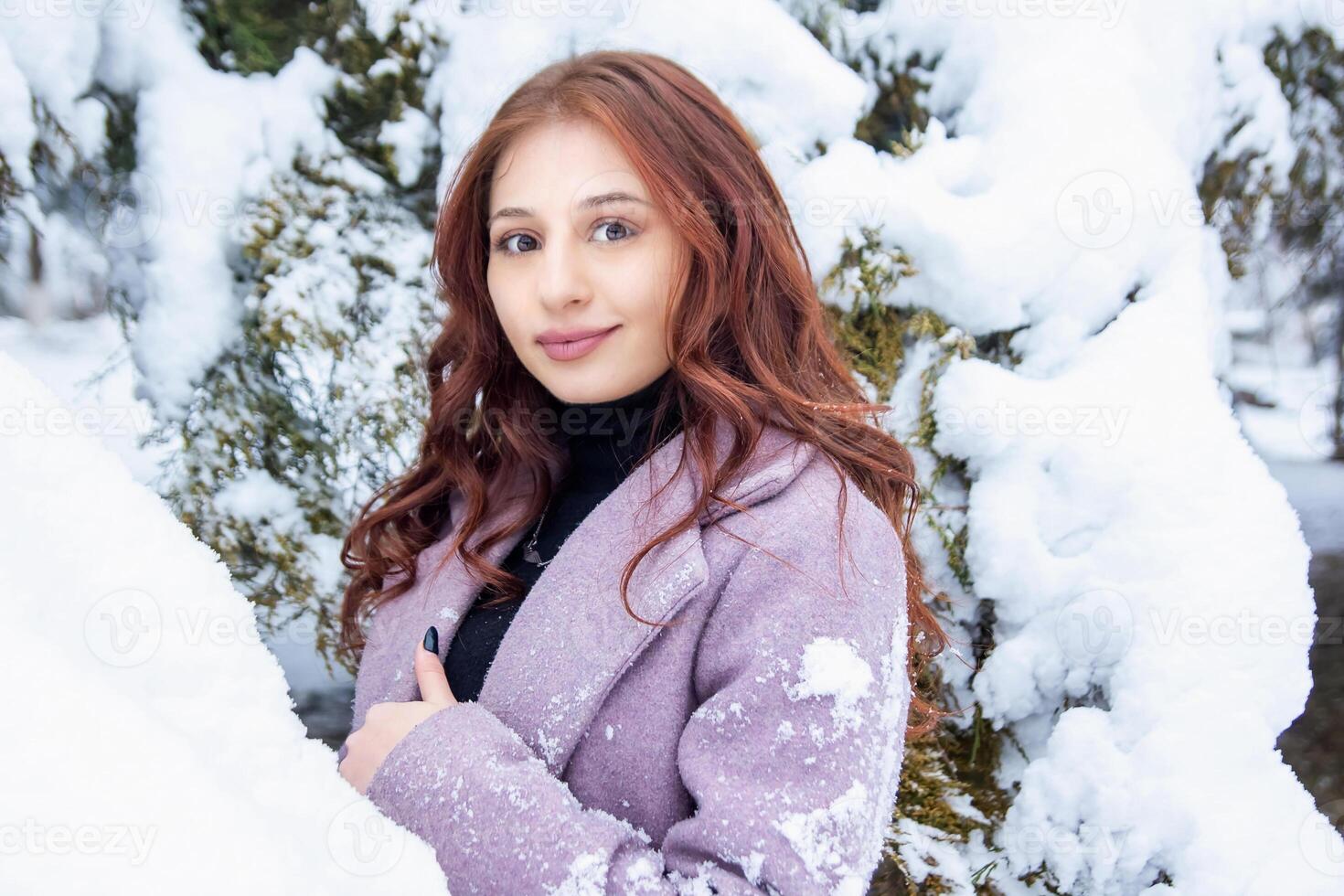 jolie Jeune femme dans hiver parc, rouge aux cheveux fille dans le parc dans hiver photo