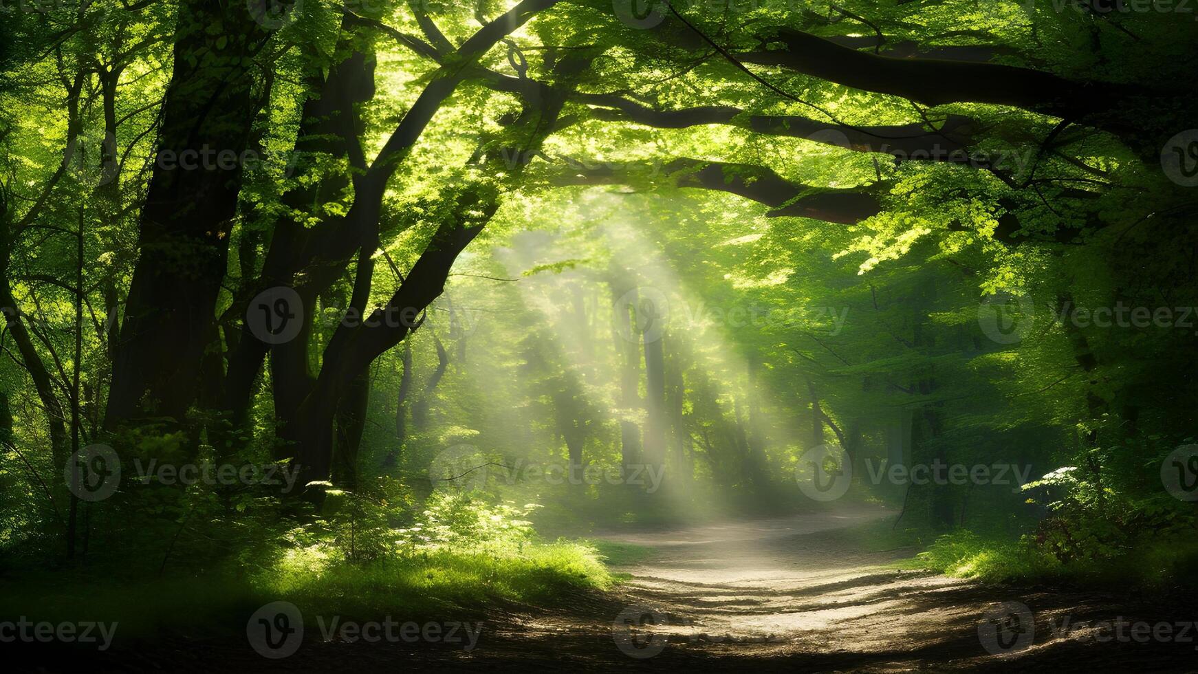 ai généré Naturel arcade de ensoleillé des arbres dans le forêt. établi avec génératif ai photo