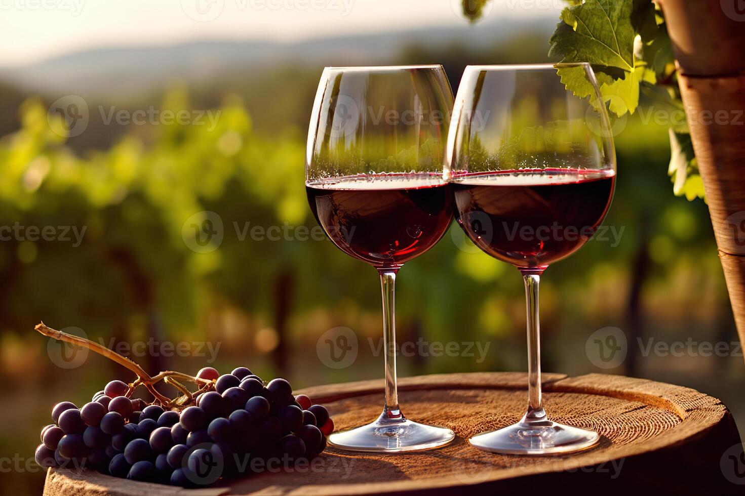 ai généré romantique du vin dégustation dans le vignoble deux des lunettes de rouge du vin avec scénique vues. établi avec génératif ai photo