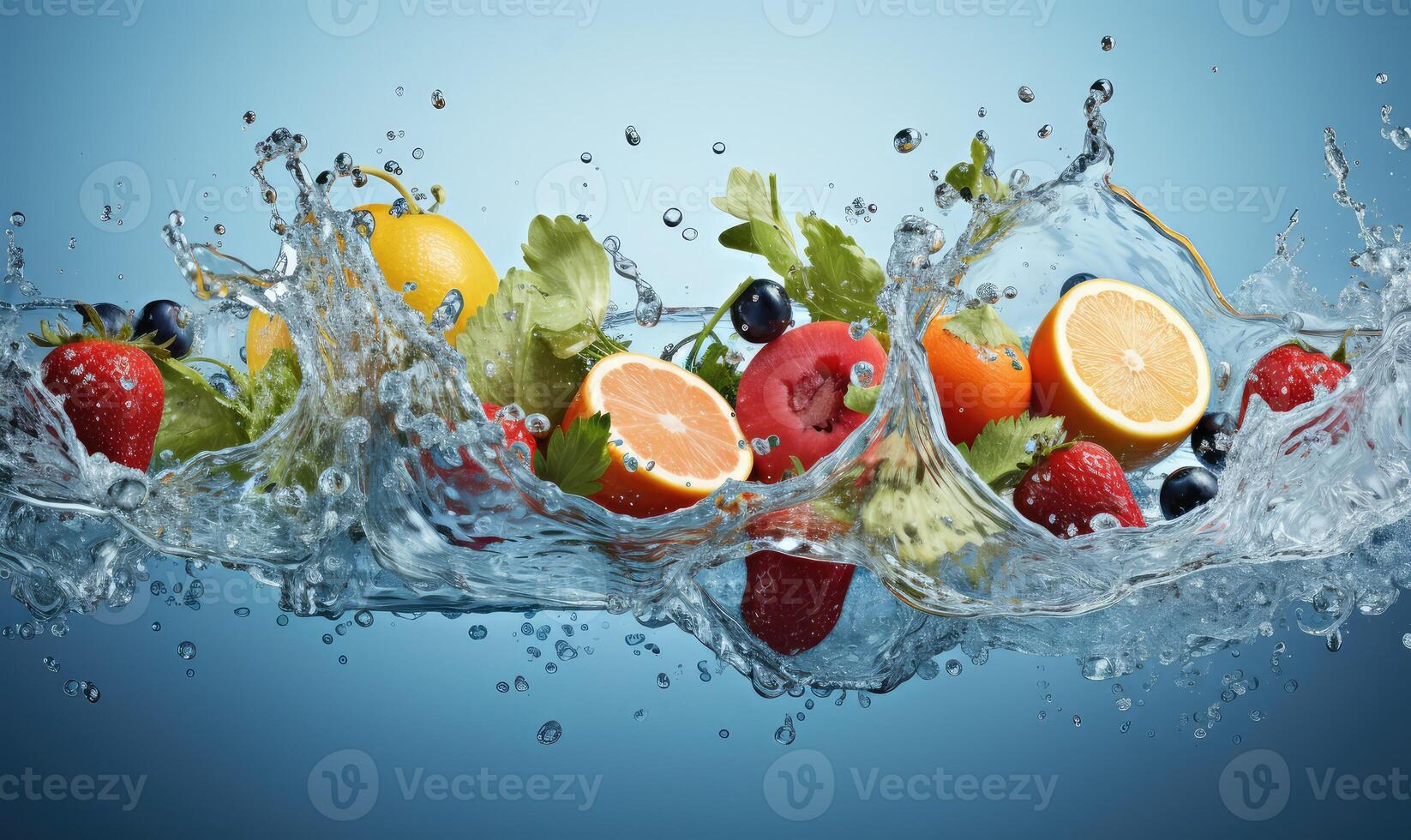 ai généré Frais multi des fruits et des légumes éclabousser dans bleu clair l'eau éclaboussure en bonne santé nourriture régime fraîcheur photo